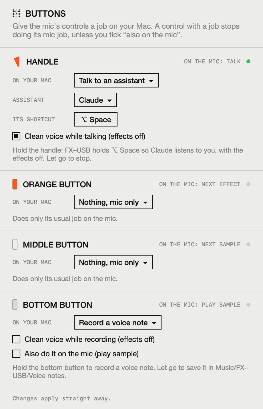 FX–USB Buttons window: the handle is set to talk to Claude with the option shortcut, with clean voice on; the bottom button records a voice note